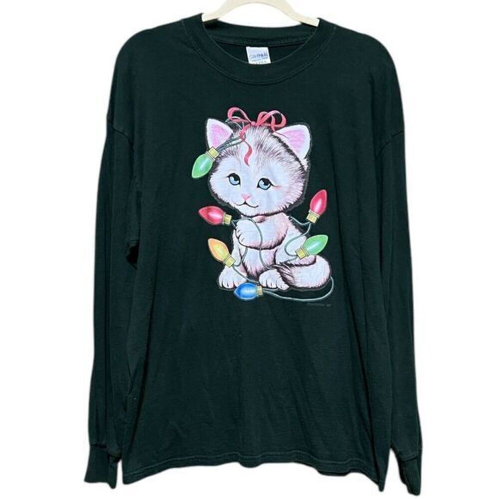 Vintage Kitty Cat Wrapped In Christmas Lights Long Sleeve Tshirt XL Hunter Green